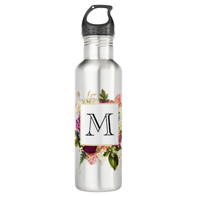 Moderne rosa und weiße Wasserfarben Blumenstrauß Edelstahlflasche (Vorderseite)
