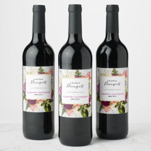 Moderne rosa und weiße Wasserfarben Blumenstrauß Weinetikett