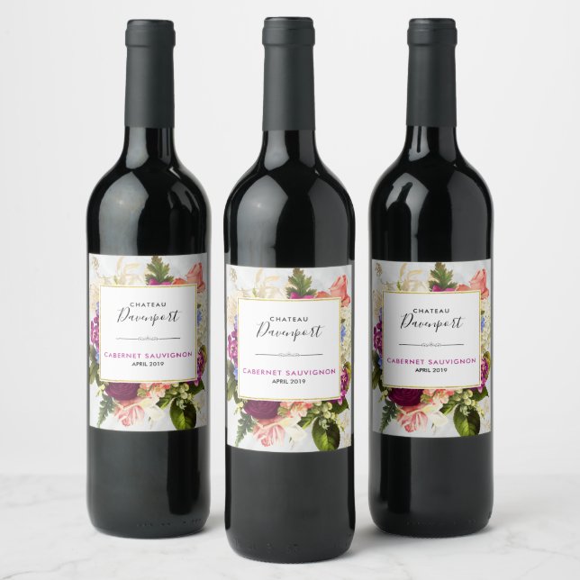 Moderne rosa und weiße Wasserfarben Blumenstrauß Weinetikett (Flaschen)