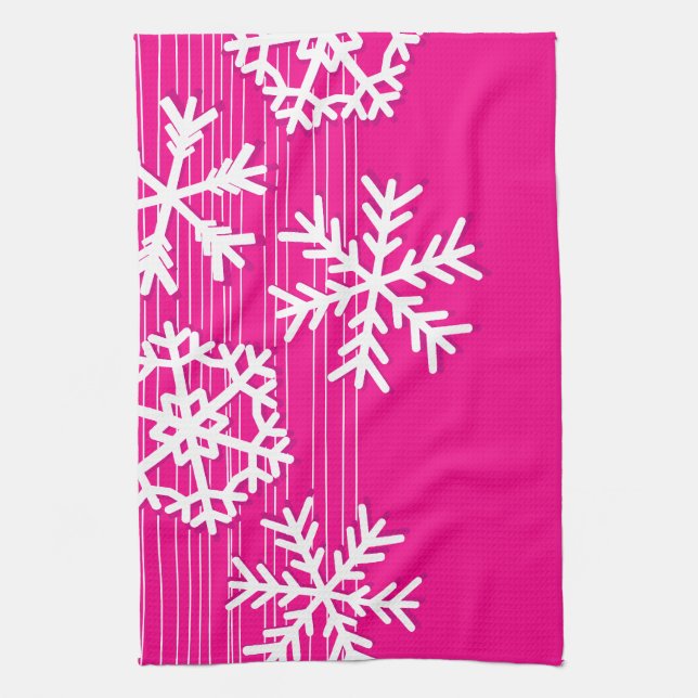 Moderne rosa und weiße Weihnachtsschneeflocken Geschirrtuch (Vertikal)
