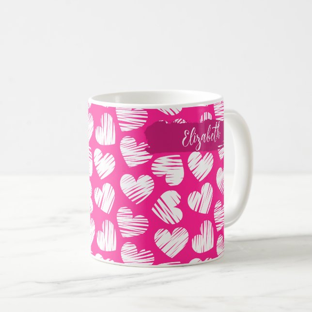 Moderne rosa und weißes doodled Herz Valentine Nam Kaffeetasse (VorderseiteRechts)