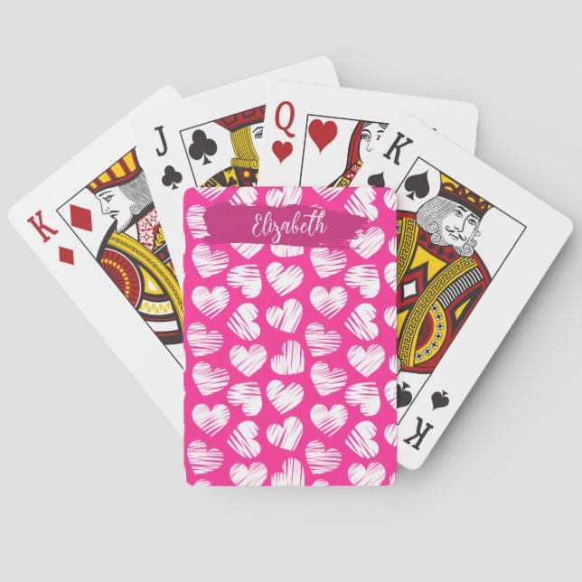 Moderne rosa und weißes doodled Herz Valentine Nam Spielkarten (Rückseite)