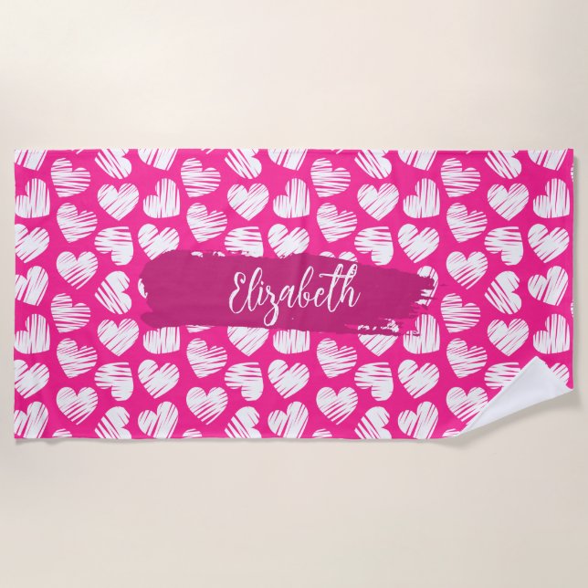 Moderne rosa und weißes doodled Herz Valentine Nam Strandtuch (Vorderseite)
