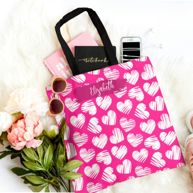 Moderne rosa und weißes doodled Herz Valentine Nam Tasche (Von Creator hochgeladen)