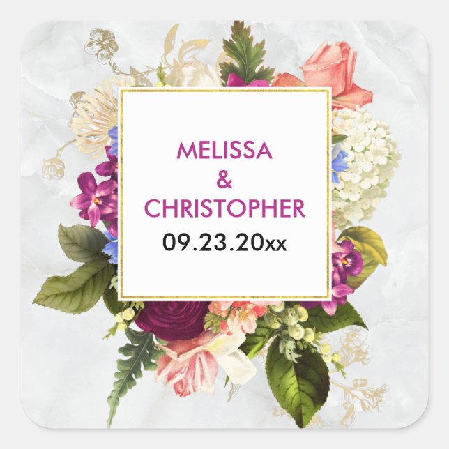 Moderne Rosa- und Weißflorals-Hochzeit Quadratischer Aufkleber (Vorderseite)