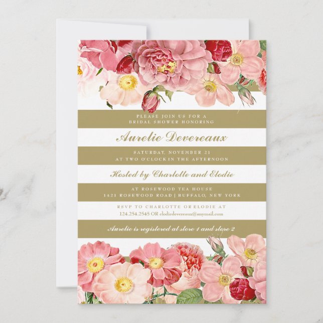 Moderne rosa Vintage Rose Streifen Brautparty Einladung (Vorderseite)