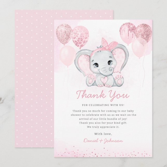 Moderne rosa Wasserfarbe Niedlich Elephant Baby Du Dankeskarte (Vorne/Hinten)