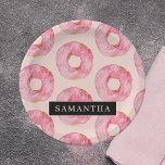 Moderne rosa WasserfarbenDonuts Muster mit Namen Pappteller<br><div class="desc">Moderne rosa WasserfarbenDonuts Muster mit Namen</div>