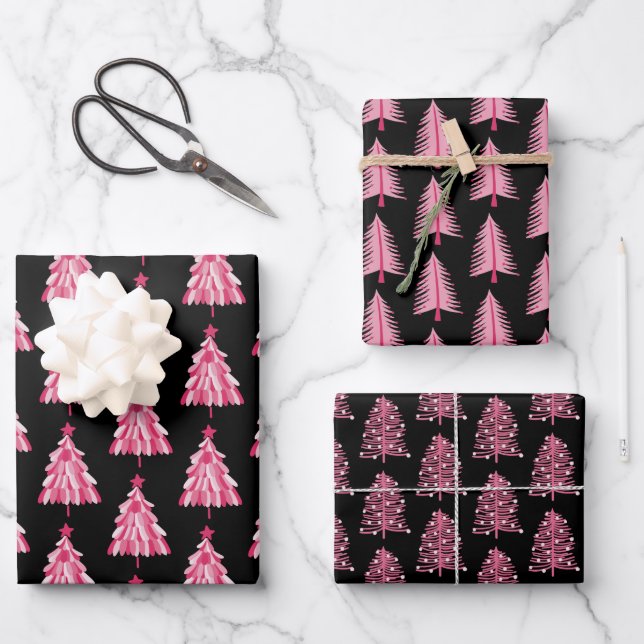Moderne rosa Weihnachtsbaume Geschenkpapier Set (Vorderseite)