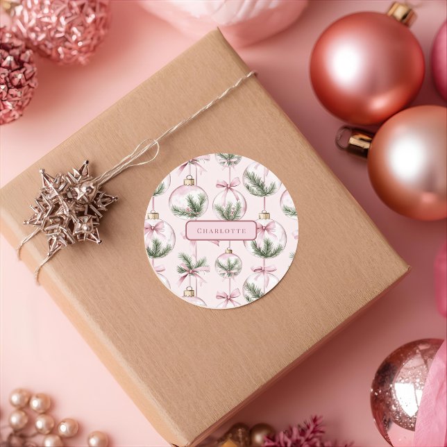 Moderne rosa Weihnachtsbaumkugel personalisiert St Runder Aufkleber (Von Creator hochgeladen)