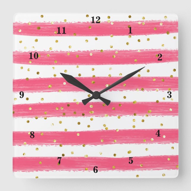 Moderne rosa, weiß, goldene Streifen, Konfetti-Uhr Quadratische Wanduhr (Vorderseite)