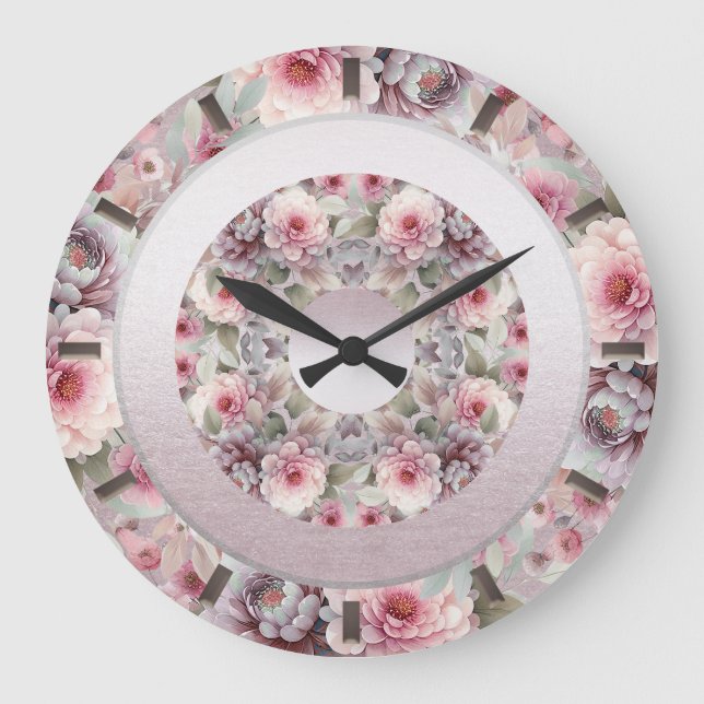 Moderne rosa, weiße, florale Wall Uhr (Vorderseite)