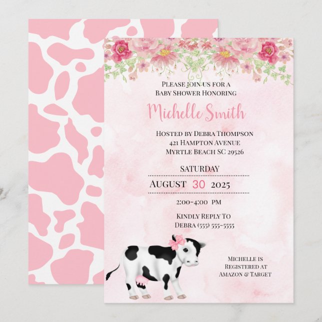 Moderne rosa weiße Kuh Print Baby Dusche Einladung (Vorne/Hinten)