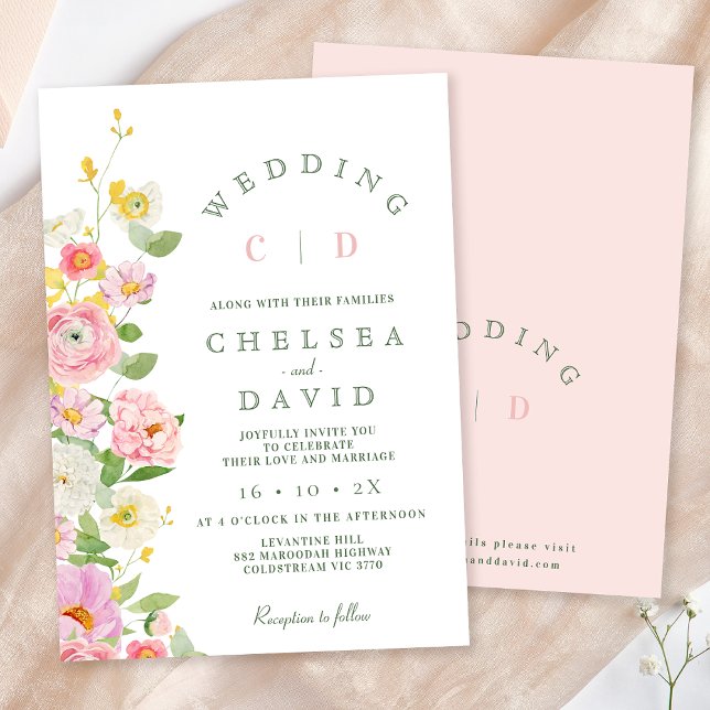 Moderne rosa, weiße Monogram, blutige Hochzeit Einladung (Modern Floral Wedding Invitation Template, Pink Floral Wedding Invitation, Spring Pastel Floral )