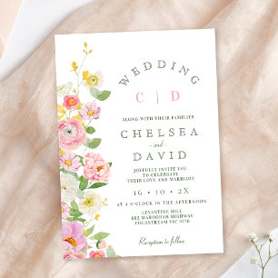 Moderne rosa, weiße Monogram, blutige Hochzeit Einladung