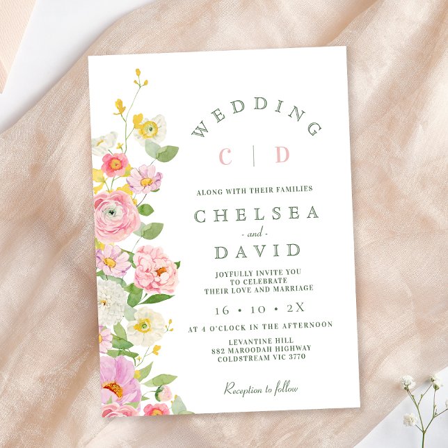 Moderne rosa, weiße Monogram, blutige Hochzeit Einladung (Pastel Floral Wedding Invitation Template, Pink Floral Wedding Invitation, Spring Floral Wedding )