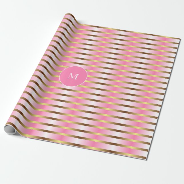 Moderne rosa, weiße und goldene Streifen Weihnacht Geschenkpapier (Ungerollt)