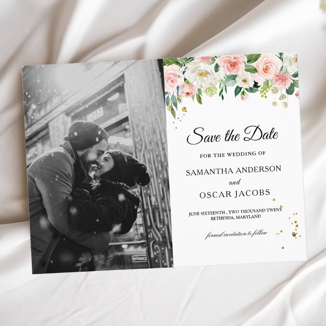 Moderne rosafarbene Blume und Goldfallen Ankündigungspostkarte (Von Creator hochgeladen)