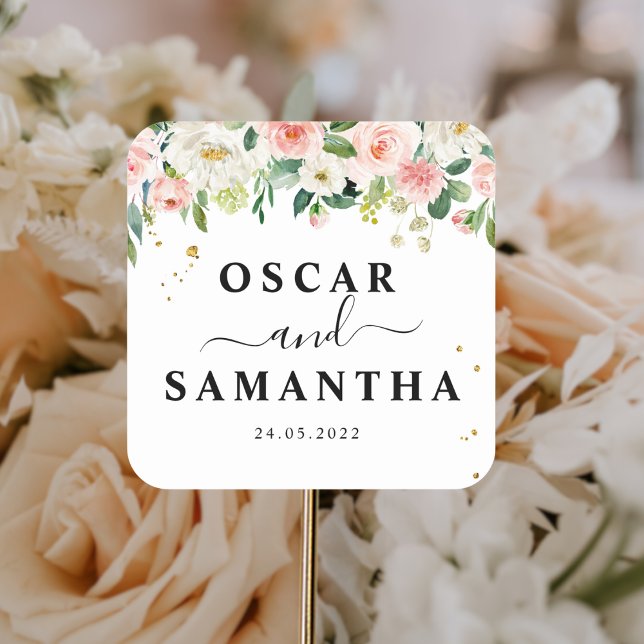 Moderne rosafarbene Blume und Goldfallen Quadratischer Aufkleber (Von Creator hochgeladen)