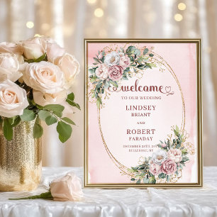 Moderne rosafarbene Blüten mit goldenem Glitter-Wi Poster