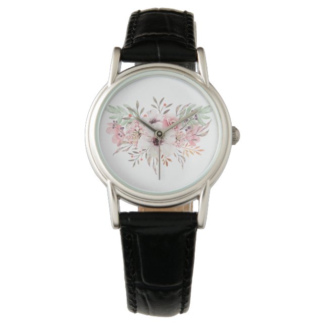 Moderne rosafarbene, florale Frauenwache Armbanduhr (Vorderseite)