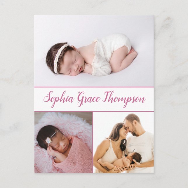 Moderne, rosafarbene Schreibschrift Name Baby Girl Postkarte (Vorderseite)