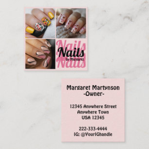 Moderne rosafarbene schwarze kühne 3-Foto-Nagelsal Quadratische Visitenkarte