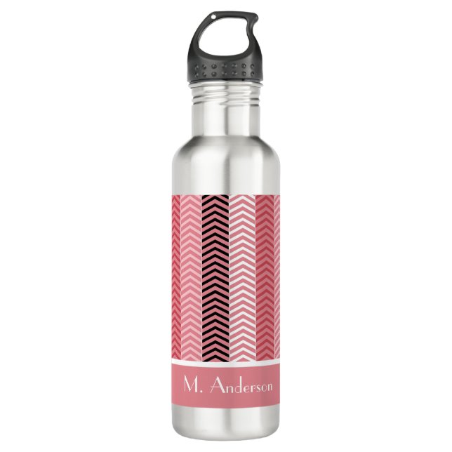 Moderne rosafarbene Zickzack Streifen mit Namen Trinkflasche (Vorderseite)