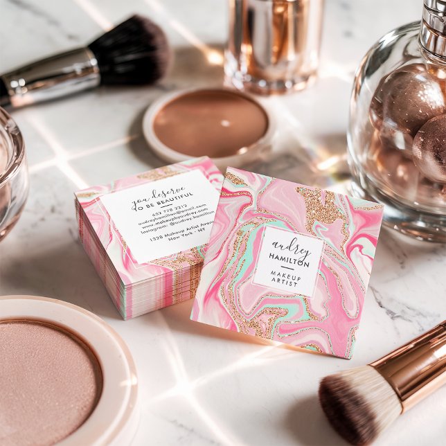 Moderne Rose aus rosafarbenem Marmor Quadratische Visitenkarte (Modern pink marble rose gold elegant makeup artist)