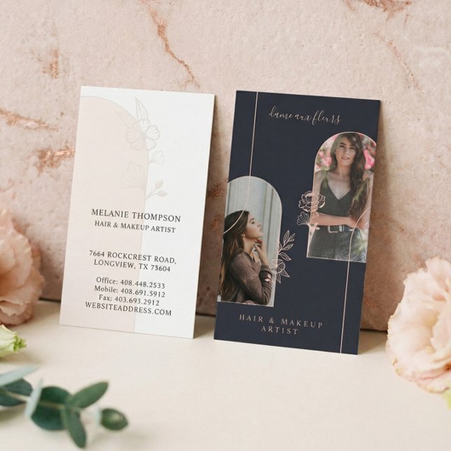 Moderne Rose Beauty Foto Arche Marine Visitenkarte (Luxury Floral Beauty Hair Makeup Artist Arch Photo Business Card)