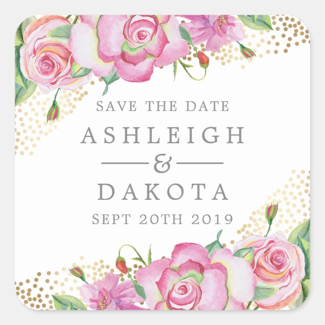 Moderne Rose Floral English Gold Confetti Wedding Quadratischer Aufkleber (Vorderseite)