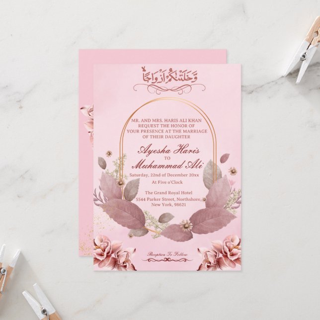 Moderne rose Floral Faire-part de mariage islamiqu (Devant/Arrière en situation)