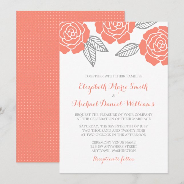 Moderne Rose für Hochzeiten in Grau und Korallen Einladung (Vorne/Hinten)