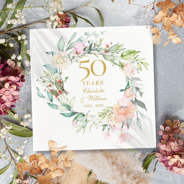 Moderne Rose Garland Flora 50 Jahre Jubiläum Serviette (Modern Roses Garland Floral 50th Anniversary Napkins)