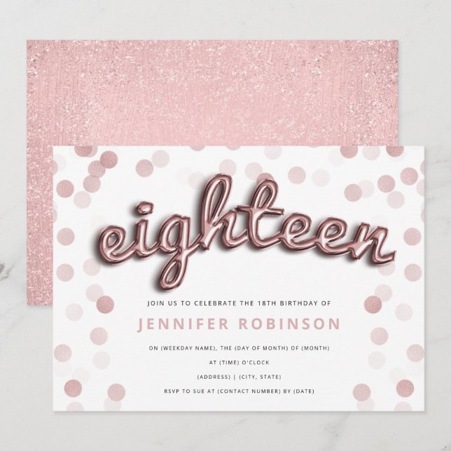 Moderne Rose Gold Balloons Glitzer 18. Geburtstag Einladung (Vorne/Hinten)
