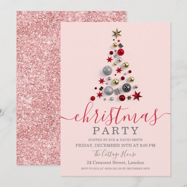 Moderne Rose Gold Bauble Tree Weihnachten Einladung (Vorne/Hinten)