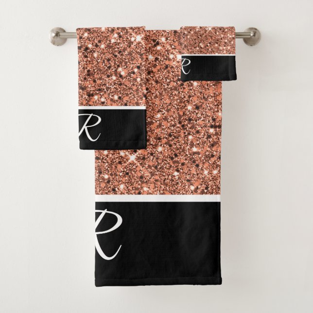 Moderne Rose Gold Black Glitzer Monogramm Badhandtuch Set (Insitu)