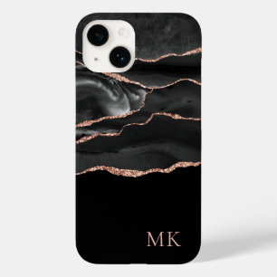 Moderne Rose Gold & Black Marble Agate Monogram Case-Mate iPhone 14 Hülle