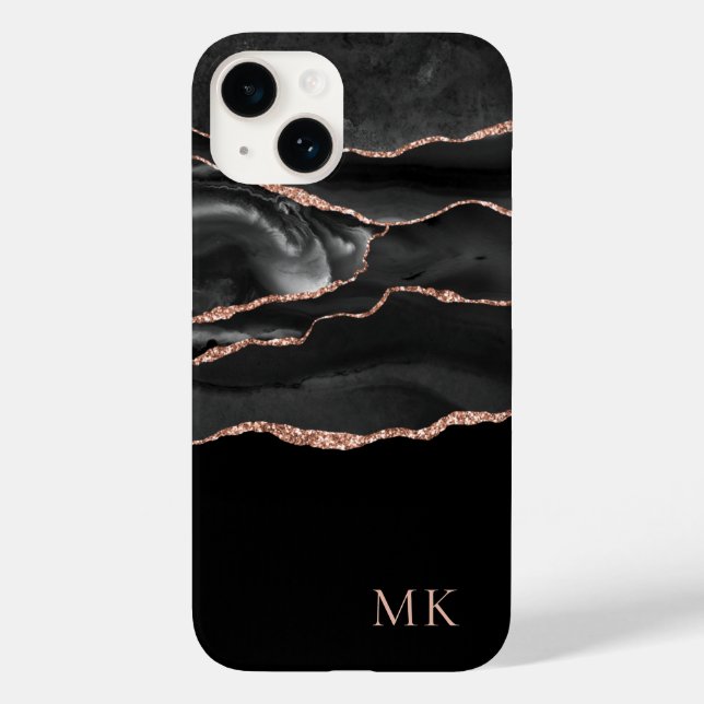 Moderne Rose Gold & Black Marble Agate Monogram Case-Mate iPhone 14 Hülle (Rückseite)