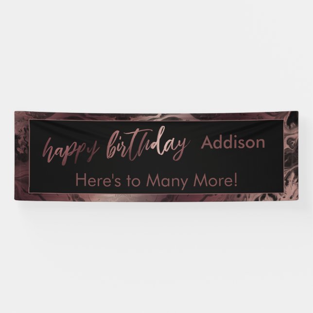 Moderne Rose Gold & Black Marbled Happy Birthday Banner (Horizontal)