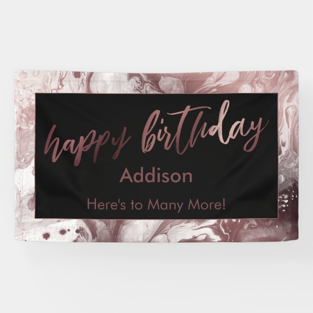 Moderne Rose Gold & Black Marbled Happy Birthday Banner (Horizontal)