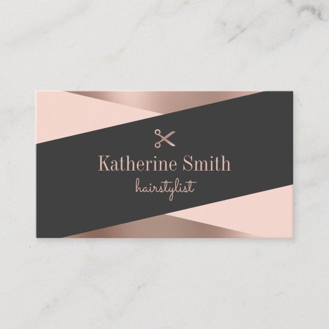 Moderne Rose Gold & Black Schere Friseurin Visitenkarte (Vorderseite)