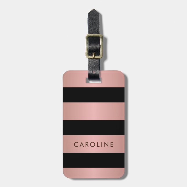 Moderne Rose Gold Black Striped Girl Custom Gepäckanhänger (Vorderseite vertikal)