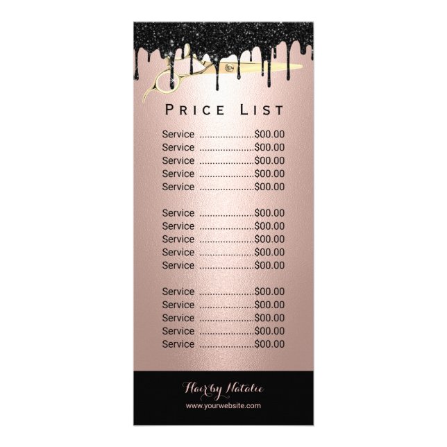 Moderne Rose Gold Black Tropfens Friseur Salon Pre Werbekarte (Vorne)