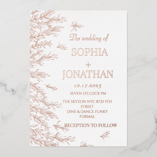 Moderne Rose Gold Blätter Hochzeitseinladung Folieneinladung (Vorderseite)