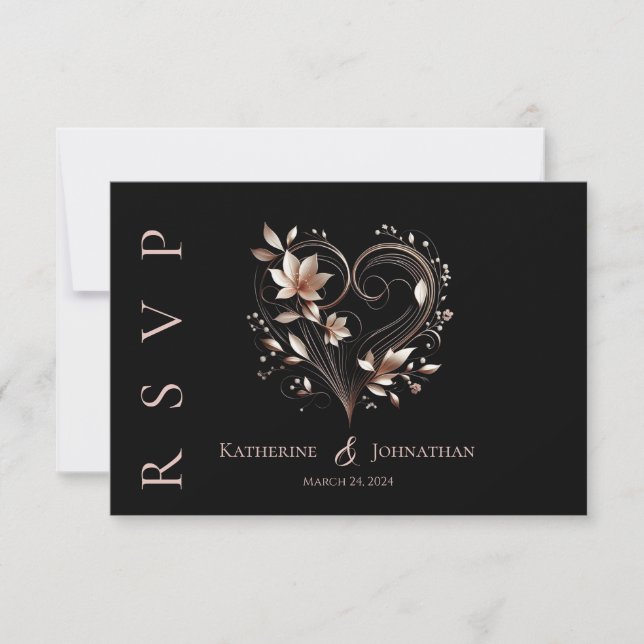 Moderne Rose Gold-Blume mit einer Herzhochzeit RSVP Karte (Vorderseite)