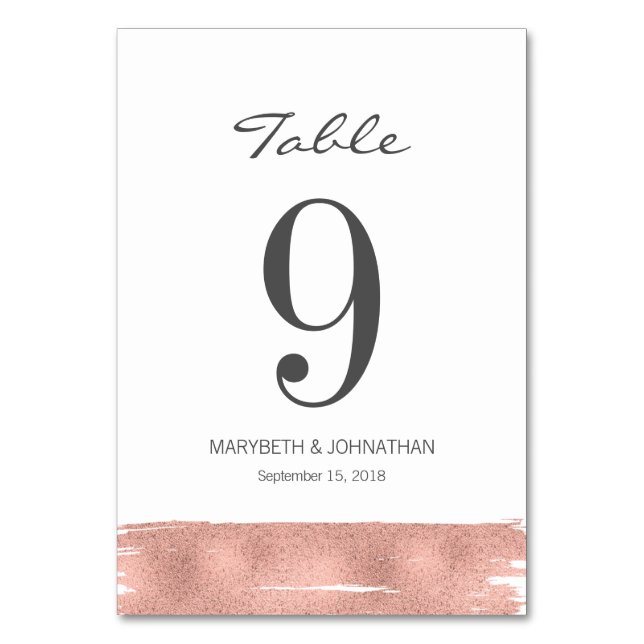 Moderne Rose Gold Brush Wedding Tischnummer Card (Vorderseite)