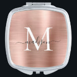 Moderne Rose Gold Brushed Metal Monogram Script Taschenspiegel<br><div class="desc">Eleganter Rose Gold Brushed Metal Monogram Script Compact Mirror</div>