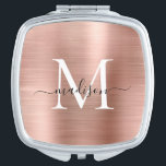 Moderne Rose Gold Brushed Metal Monogram Script Taschenspiegel<br><div class="desc">Eleganter Rose Gold Brushed Metal Monogram Script Compact Mirror</div>