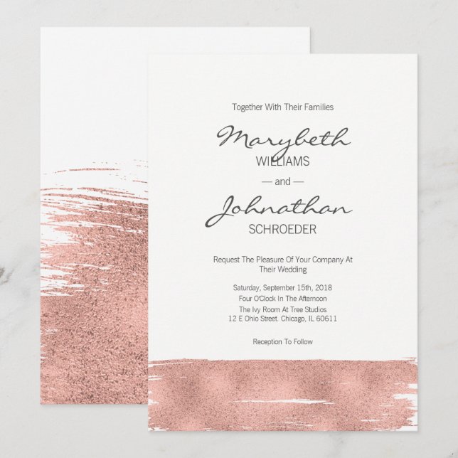 Moderne Rose Gold Brushstroke Wedding Card Einladung (Vorne/Hinten)